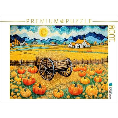 CALVENDO Puzzle Kürbisse und Heuwagen in goldener Herbstlandschaft | 1000 Teile Lege-Größe 64x48cm Foto-Puzzle für glückliche Stunden