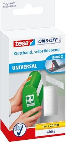 tesa On- & Off-Klettklebeband zum Aufkleben, 1m x 20mm, weiß