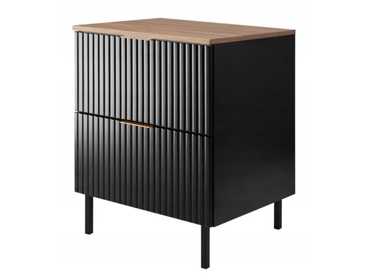Meuble sous Lavabo sur pieds 60 cm FLOW - Façades rainurées - avec plan de travail - Noir / Chêne - 60x46x73 6 cm
