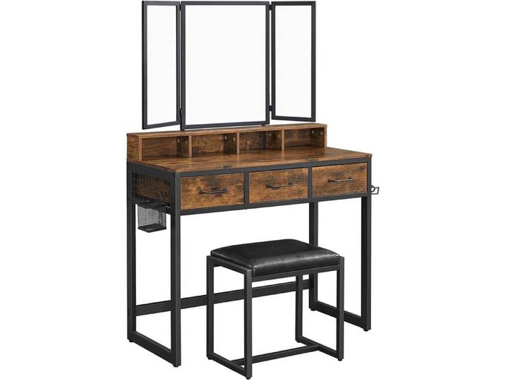 Coiffeuse Industrielle Rustique avec Miroir Triptyque et Tabouret en Similicuir RVT004B01 - Réf. VK8681847477129