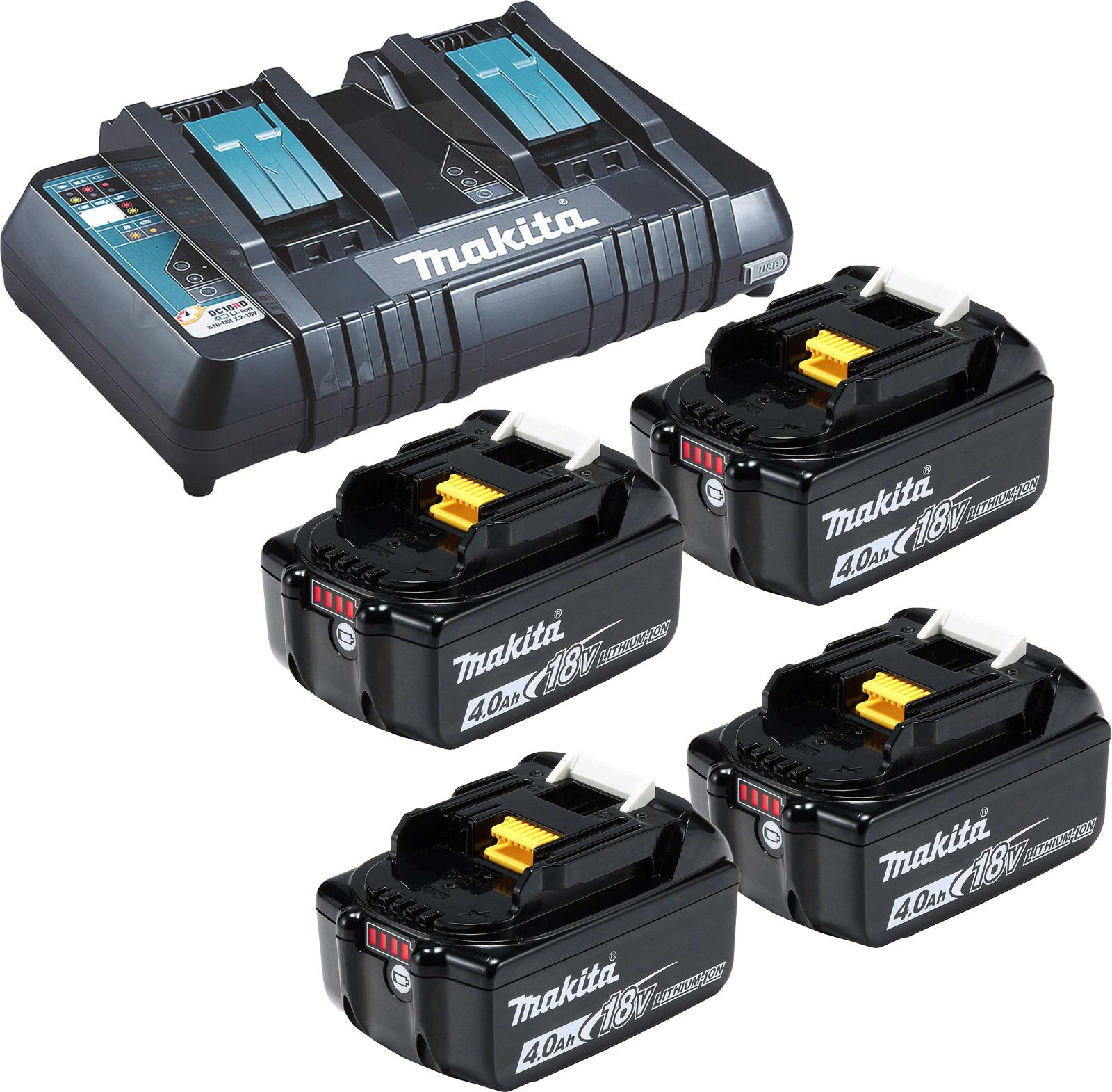 Makita 4x BL1840B Akku 4,0 Ah 18V Li-Ion + DC18RD Doppelschnellladegerät - DC18RD-BL1840-4x