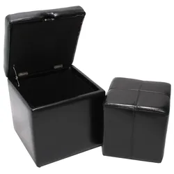 Mendler 2er Set Hocker Sitzwürfel Sitzhocker Aufbewahrungsbox Onex, Leder + Kunstleder, 45x44x44cm FSC®-zertifiziert ~ schwarz
