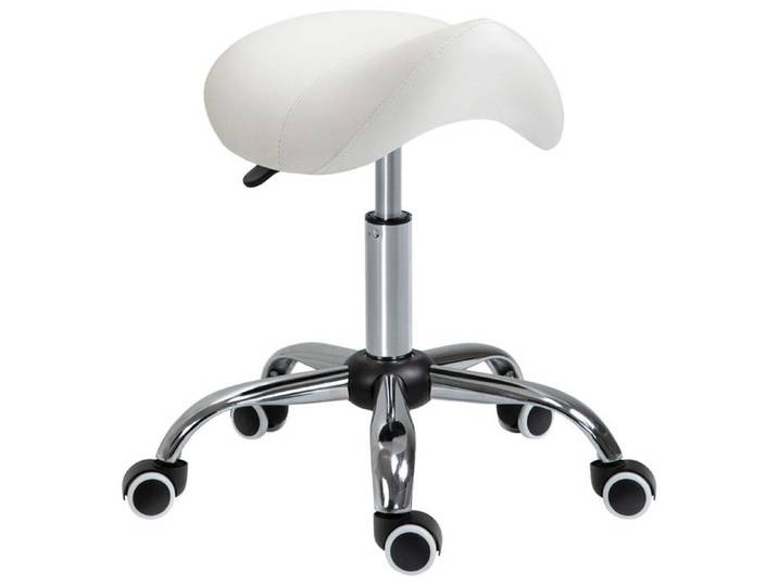 Tabouret roulant - Réglable - Blanc - Rembourré - Ergonomique - 5 roulettes