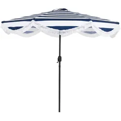 COSTWAY Sonnenschirm Boho 270cm, Kurbel & Fransen, 30° knickbar, Terrassenschirm, blau-weiß gestreift.