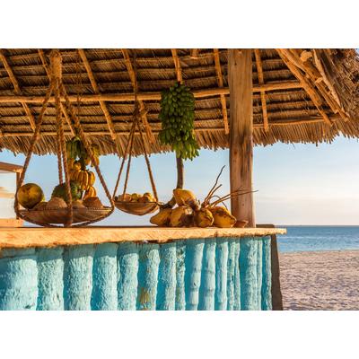 Fototapete LIVING WALLS "Designwalls Beach Bar", braun (braun, blau), B:3,5m L:2,55m, Vlies, Tapeten, Vlies, Wand, Schräge, Decke