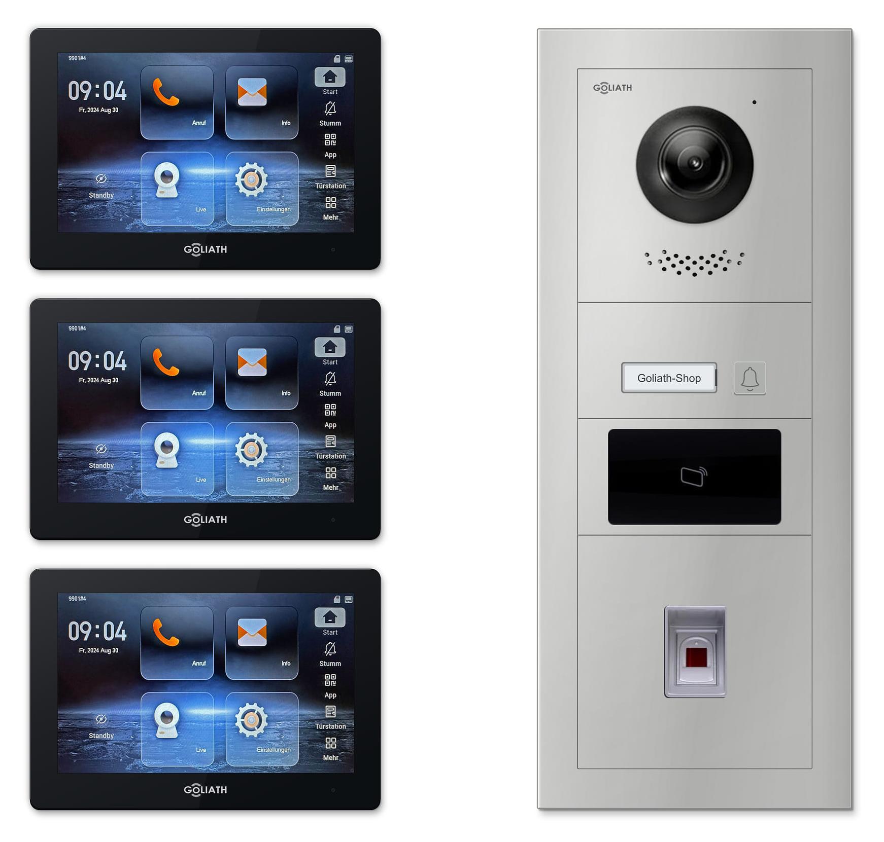 Goliath IP-Video-Türsprechanlage GL-IPH140M für 1 Familie - Fingerprint, RFID : 3 Monitore : 7 Zoll Schwarz : Silber : Unterputzdose Monitor Anzahl: 3 Monitore Monitor Farbe: 7 Zoll Schwarz Montage: Unterputzdose Türklingel Farbe: Silber