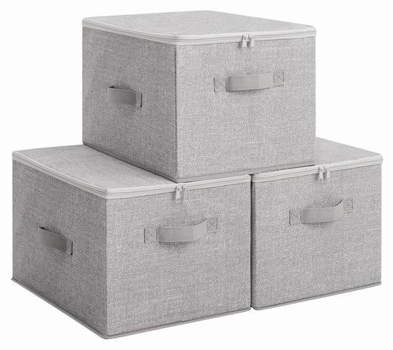 Benza 3-delige set opvouwbare opbergboxen van textiel met deksel en handvatten, lichtgrijs