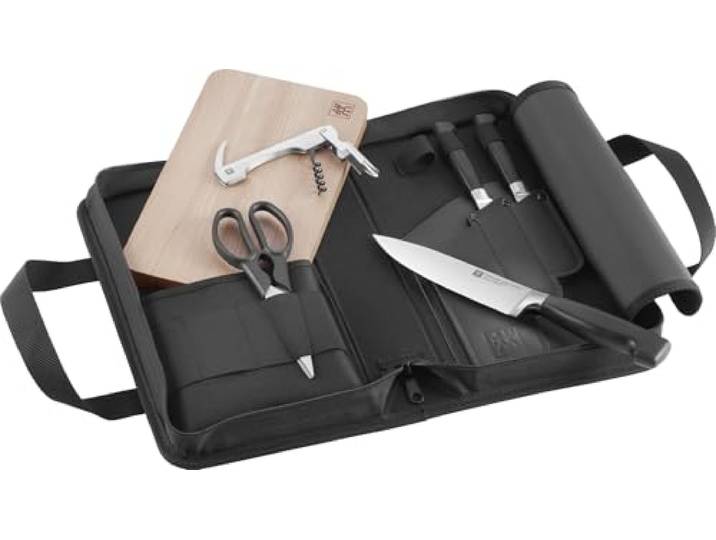 ZWILLING Vier Sterne Messerset 7-teilig mit Tasche, Für Camping, 3 Messer, Schneidbrett, Kellnermesser, Schere & Transporttasche, Schwarz