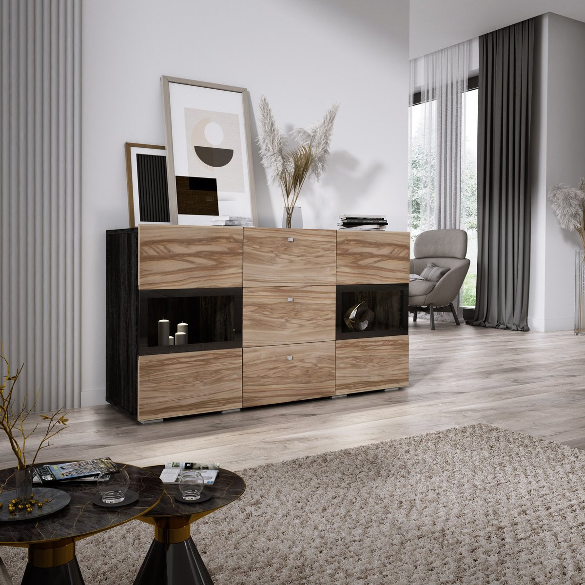 Meubel Square Dressoir Belix Walnoot / Donkergrijs - Moderne Commode met LED-verlichting