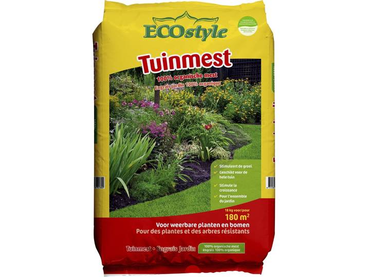 ECOstyle Tuinmest Organische Meststof - Border & Siertuin - Natuurlijke Meststof Gazon - 120 Dagen Voeding- 180 M² - 18 KG