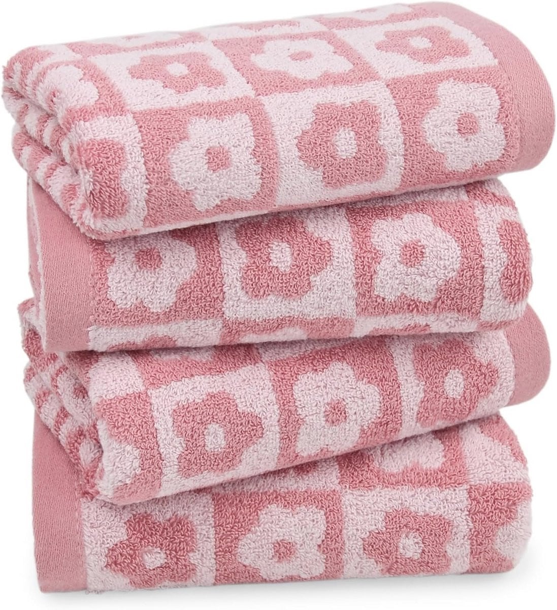 Set van 4 sneldrogende katoenen handdoeken met roze geruite bloemen voor badkamer en keuken