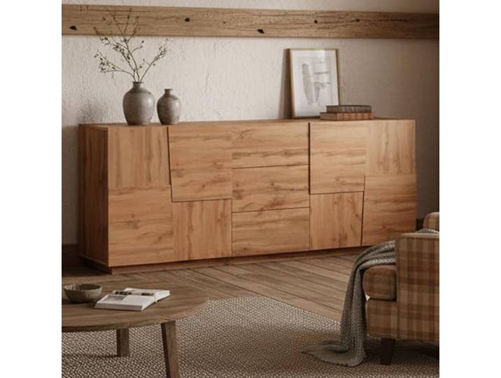 Dmora - Kommode Yoel, Wohnzimmer-Buffet, Wohnzimmer-Kommode mit 4 Türen und 3 Schubladen, 220x44x86 cm, Eiche