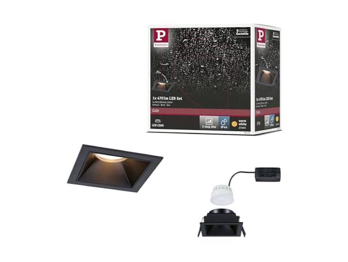 Paulmann 93127 Spots encastrés LED 3-Step-Dim Cole IP44 carré 88x88 mm Coin 6W 470lm 230 V 2700 K Noir