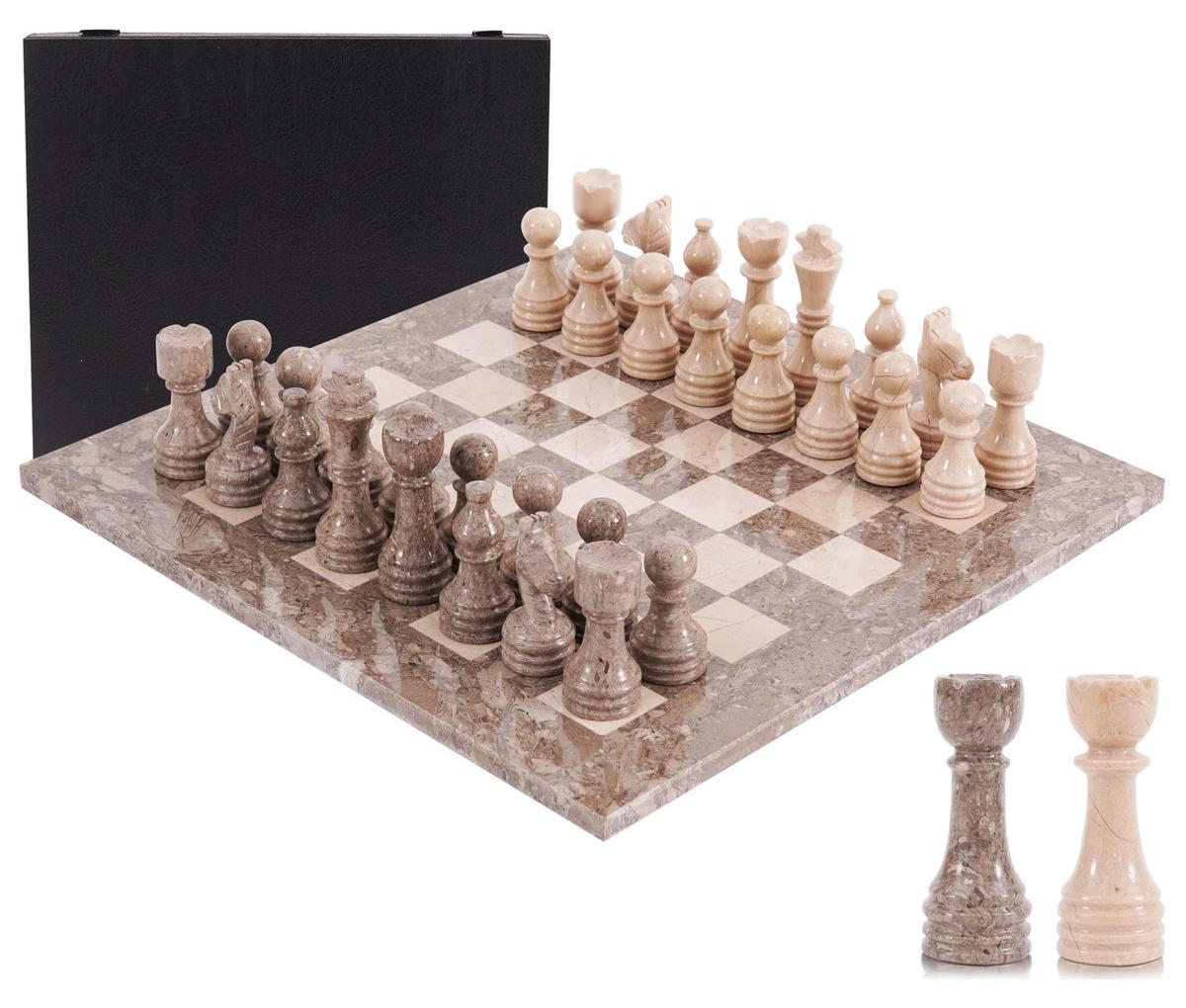 Schachspiel Schachbrett Schachset - 38 cm - Naturstein - Mit Aufbewahrungsbox - 34 Teile