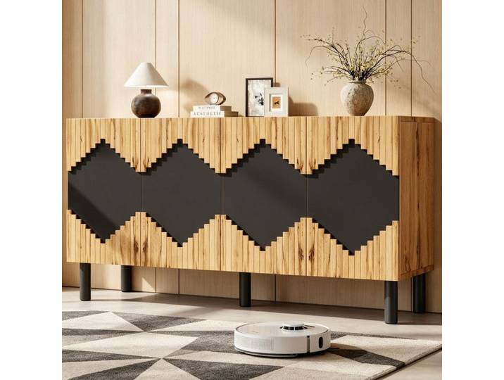 Comfyu - Buffet moderne 4 portes avec compartiments de rangement - Convient aux salles à manger salons et entrées - Bois/Noir