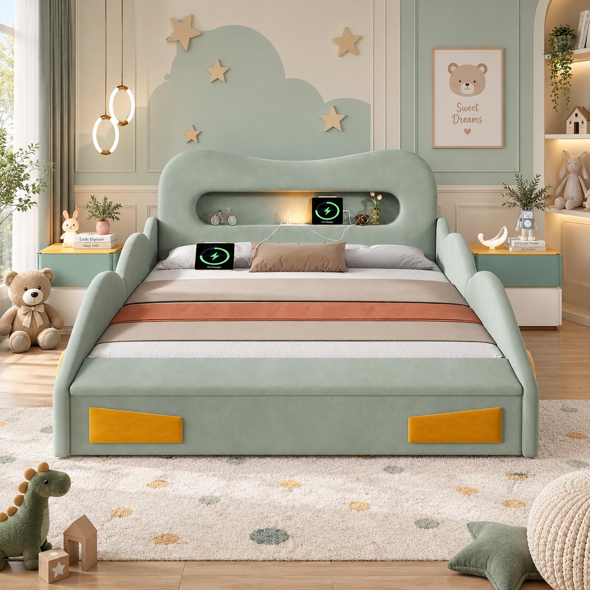 okwish Kinderbett 140×200 mit Leselicht, Ladeanschluss am Kopfteil,Polsterbett mit Bettkasten am Fußende,Einzelbett Grün,ohne Matratze