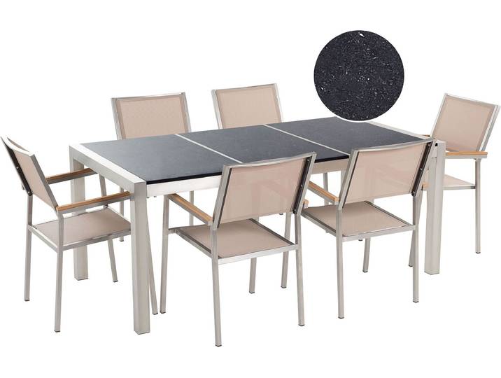 BELIANI Gartenmöbel Set Schwarz Beige Granit Edelstahl Tisch 180 cm Poliert 6 Stühle Terrasse Outdoor Modern