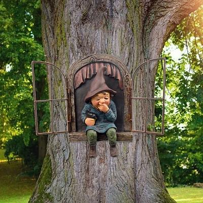 Gartenzwerg lustig,Fensterzwerg,Gartenfiguren für draußen,Gartenzwerge wetterfest,Erdmännchen Gartenfigur,Harz Cartoon Ornamente,Baum Gartendeko
