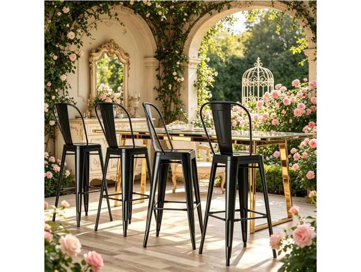 Tabourets De Bar Lot De 4 En Métal Noir Tabourets Industriels FloraGrace Pour Cuisine Et Bar Empilables 44x46x116cm