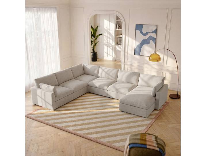 HABITAT - Grand canapé d'angle 7 places modulable en tissu - Taupe - Lavinio
