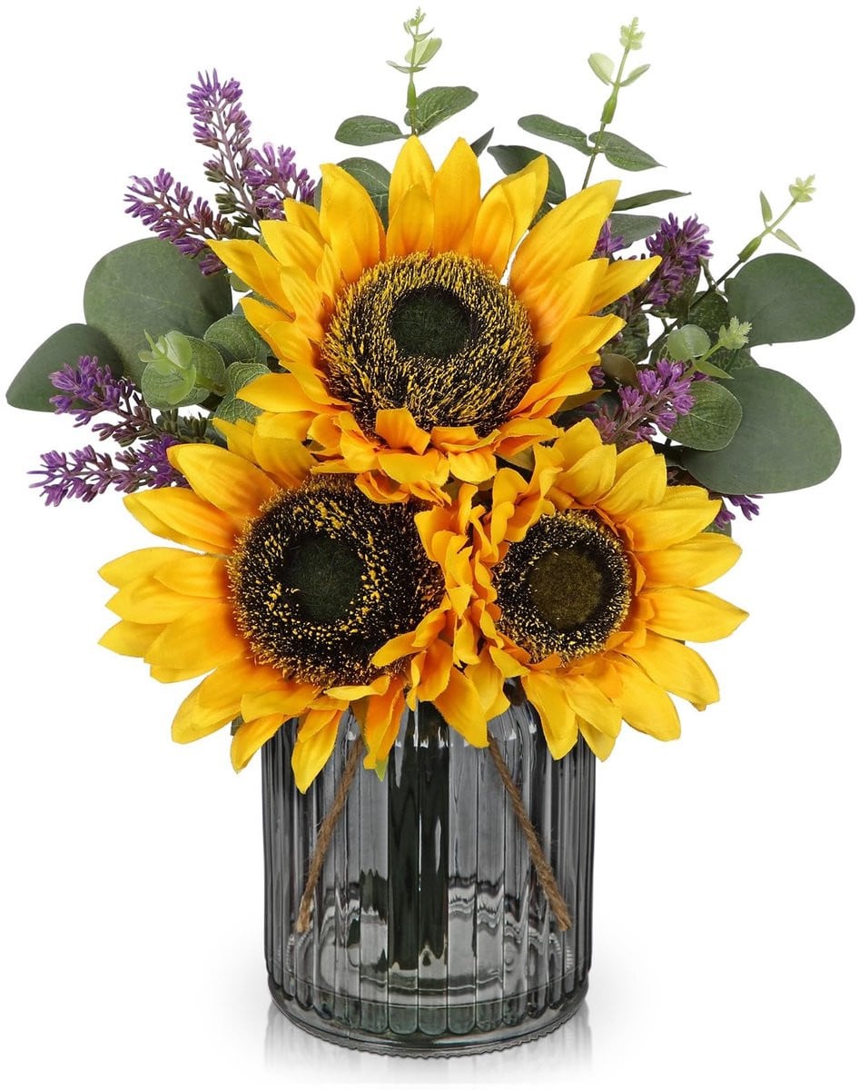 Omgoods Kunstbloem Zonnebloem met Glazen Vaasje voor Decoratie