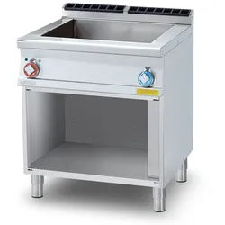 Dreiphasiges elektrisches Bain-Marie mit offenem Fach. Schale für GN 2/1 + 2 x GN 1/3 h15 cm. Abmessungen 80x90 h 90 cm. Modell BM-98ET