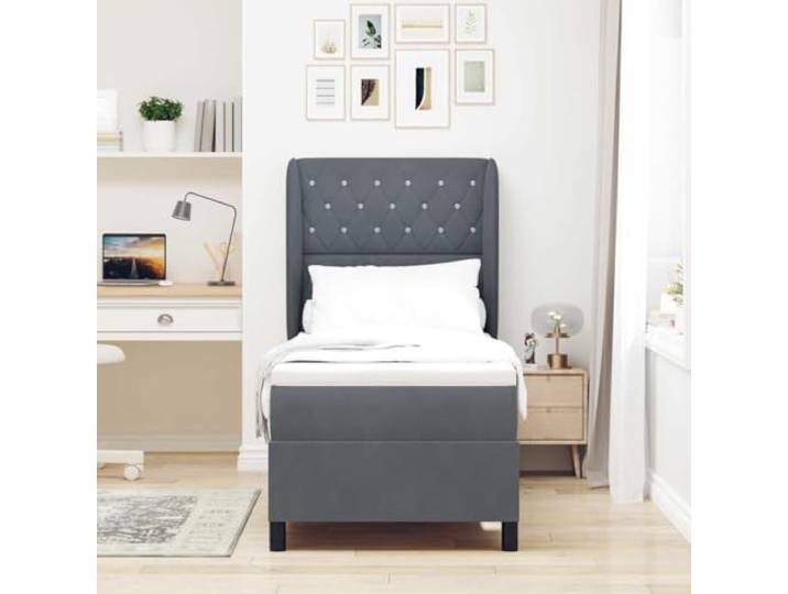 KTHLBRH Boxspringbett mit Matratze dunkelgrau 200 x 80 cm Samt Kopfteil verstellbar, Rahmen aus Kiefernholz, einfache Montage, für Schlafzimmer