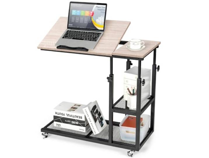 Helloshop26 Beistelltisch in C-Form mit 5-fach verstellbarer Platte und 2 Einlegeböden, industrieller Stil, Braun, 20_0014070