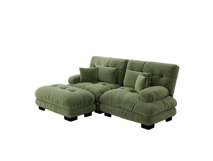 Flora Grace Ecksofa aus Chenille in Grün mit Ottomanen und Kissen, 220x145 cm, Wohnzimmer, Sofas & Couches, Wohnlandschaften, Ecksofas