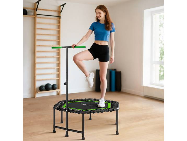 SPORTNOW Trampoline Fitness 114x114cm Poignée Réglable Acier Noir Vert