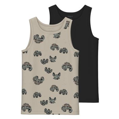 Unterhemd NAME IT "NKMTANK TOP 2P PEYOTE MONSTER TRUCK NOOS", Jungen, Gr. 98, 2 Stk., N-Gr, beige (peyote), Jersey, Obermaterial: 95% Baumwolle, 5% Elasthan, bedruckt, normal, Rundhals, Unterhemden Unterhemd