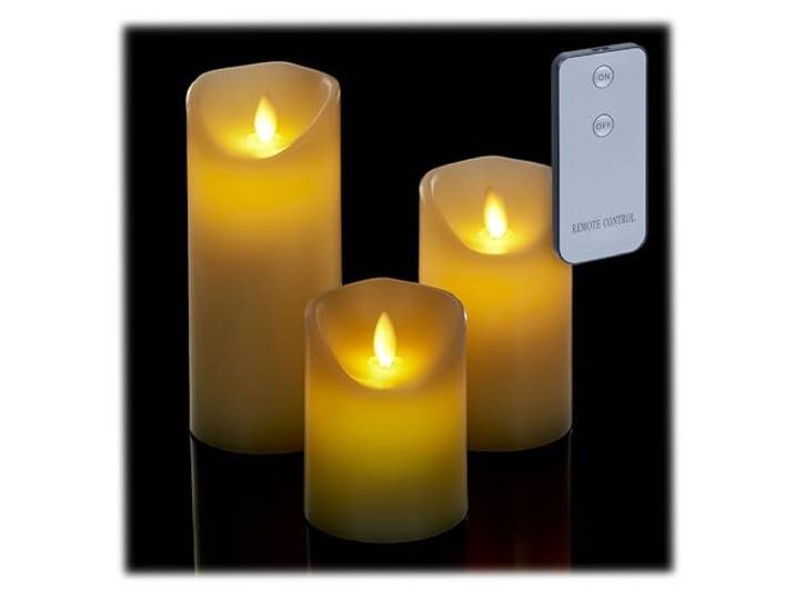Relaxdays Bougies LED\, lot de 3\, bougies électriques\, minuterie et télécommande\, flamme vacillante\, déco maison\, crème