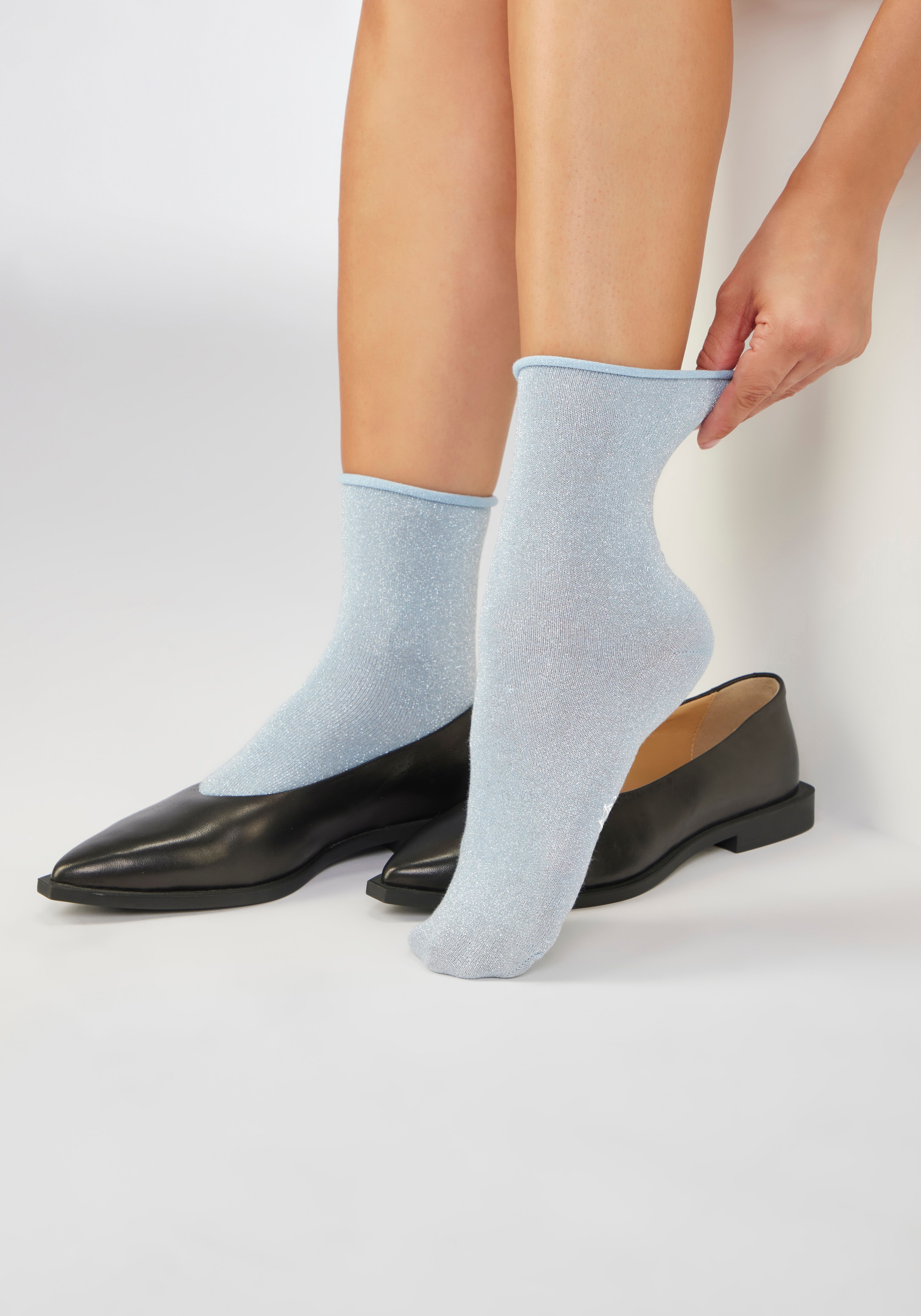 Socken COPENHAGEN STUDIOS, Damen, Gr. 35-38, blau (2x hell blau), Baumwollmischung, Glitzermuster, unifarben, Socken Socken, mit glitzernden Metallfäden