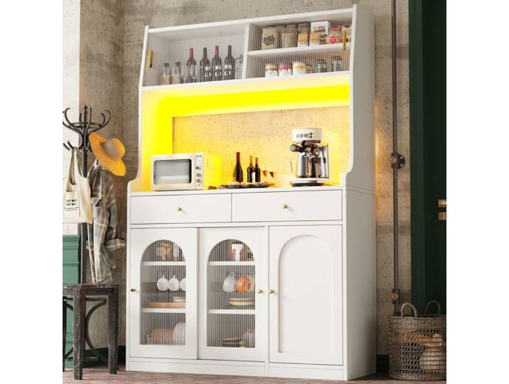 Buffet haut - WESTYLE - 120x40x180 - Portes vitrées - LED multicolore pilotable - 2 tiroirs étagères réglables