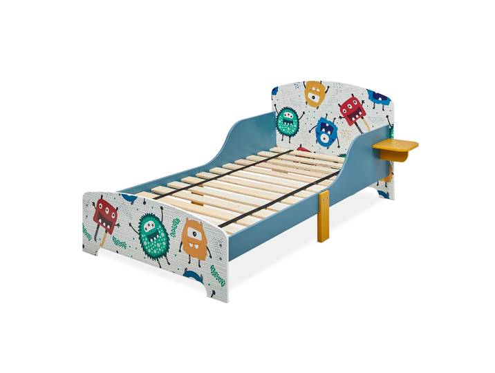 Kinderbett kleine Monster mit Ablage Weiss-Blau-Rot
