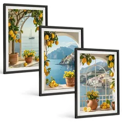 BILDER SET 3er Set - 40x60 cm Schwarzer Rahmen - Zitronenblumen aus der Küstenstadt