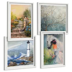 BILDER SET 4er Set - 50x50 cm & 40x60 cm Weißer Rahmen - Leuchtturm, Landschaft, Mädchen, Pferd