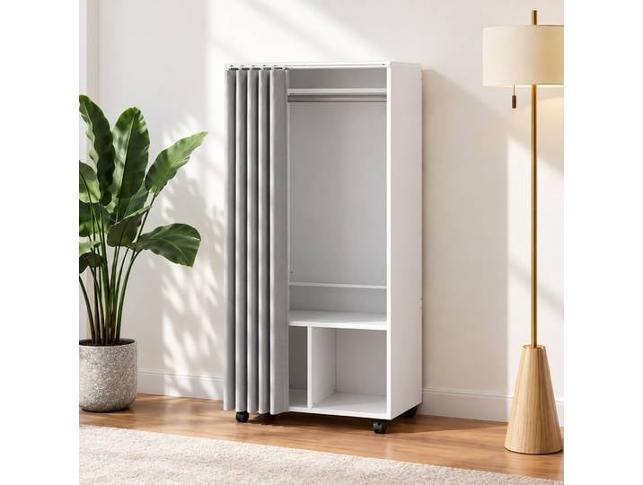 HOMCOM Armoire Mobile 60x40x128cm avec Rideau Blanc