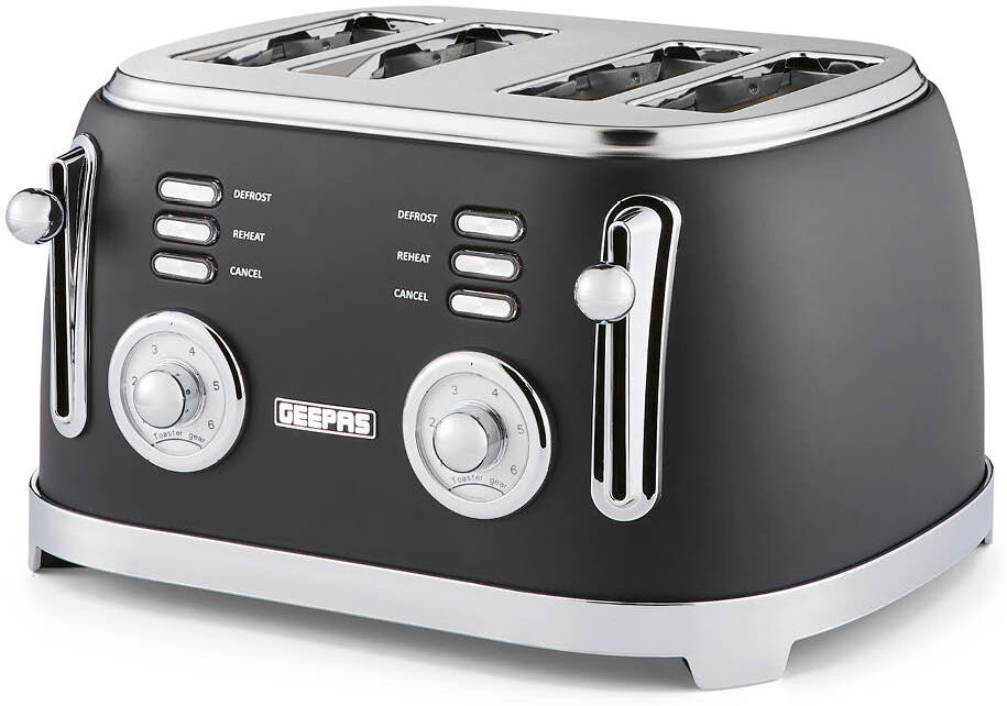 GEEPAS Retrovive 4 Slice Bread Toaster   Extra Wide Slot 6 Browning Level   Defrost/Reheat/Cancel Function Removable Crumb Tray   Cool Touch Exterior Black 4 - Slice