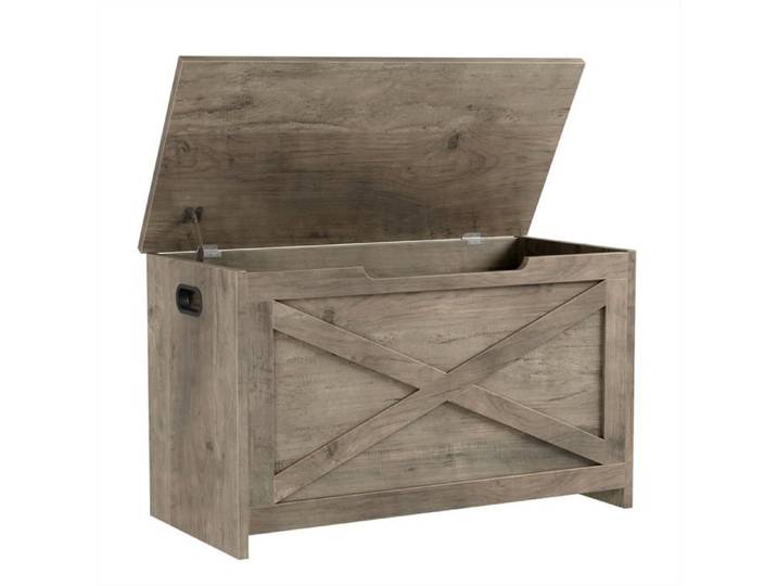Coffre rangement gris lavé banc charnière sécurité bois campagne entrée chambre salon