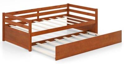Costway Twin Size Trundle Platform Bed Frame with Wooden Slat Support-Walnut