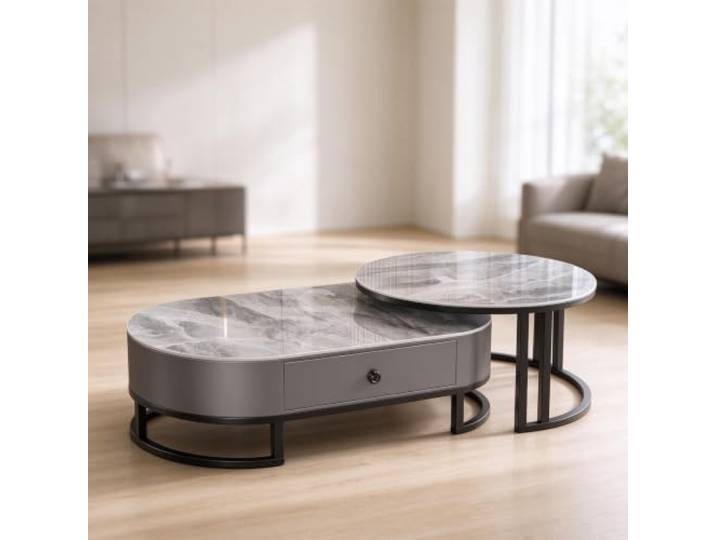 YHTCSXMD Ausziehbarer Couchtisch mit Steinplatte und Schublade Nesting Design, Steinplatte, Stahlrahmen, Holzschublade, couchtisch rund, couchtisch modern, Wohnzimmer