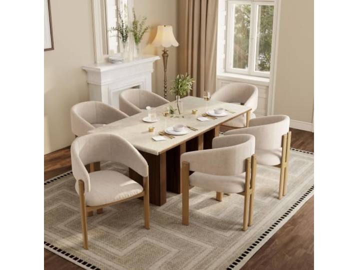 Merax 6er-Set Esszimmerstühle mit Armlehnen, Metallgestell Holzoptik & Leinenstoff, atmungsaktiv, ergonomisch, Naturholzfarbe, für Wohnzimmer Café