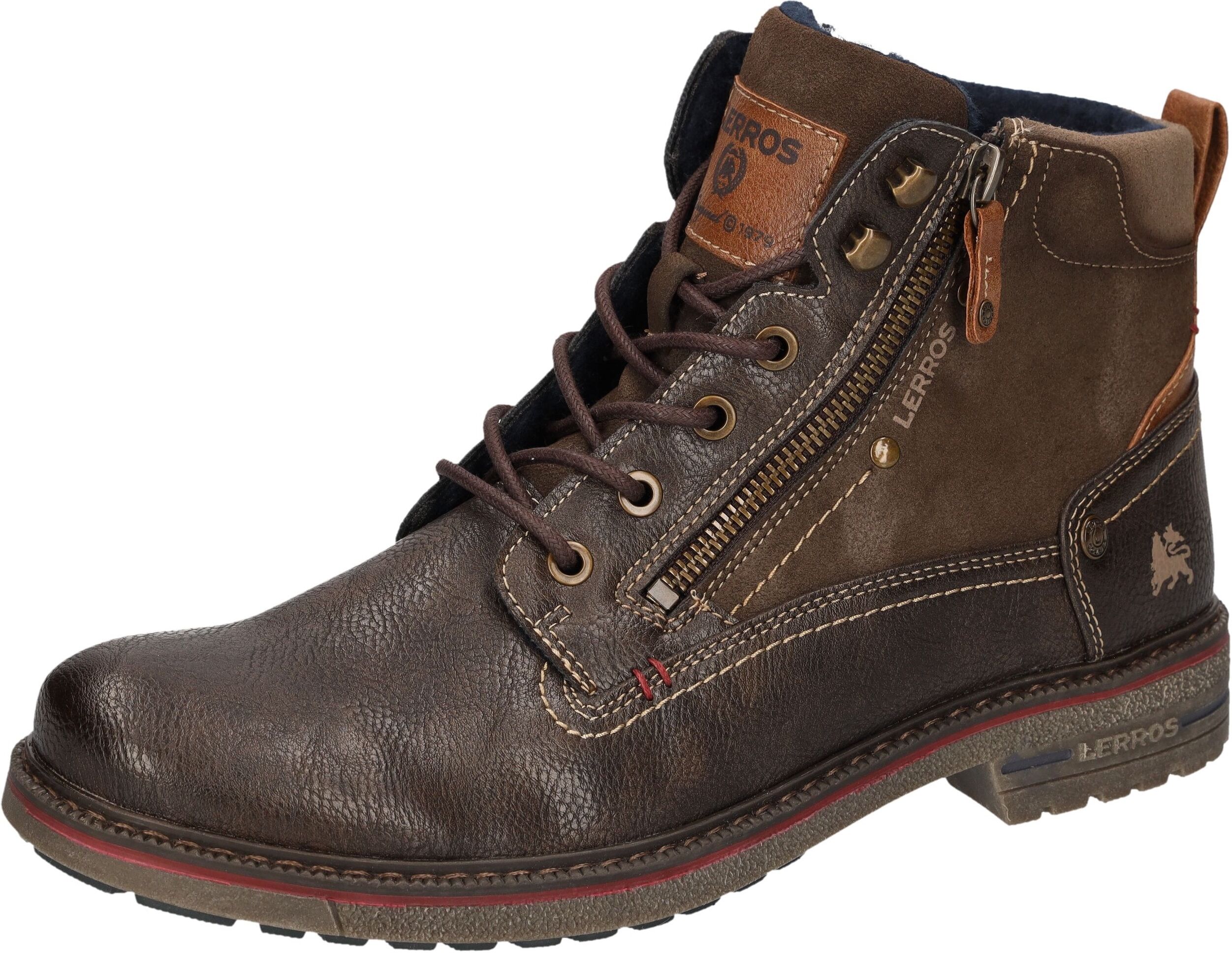 Schnürboots LERROS, Herren, Gr. 45, Textil, braun (dunkelbraun), Lederimitat, Schuhe Schnürboots, Schnürboots, mit seitlichem Reißverschluss