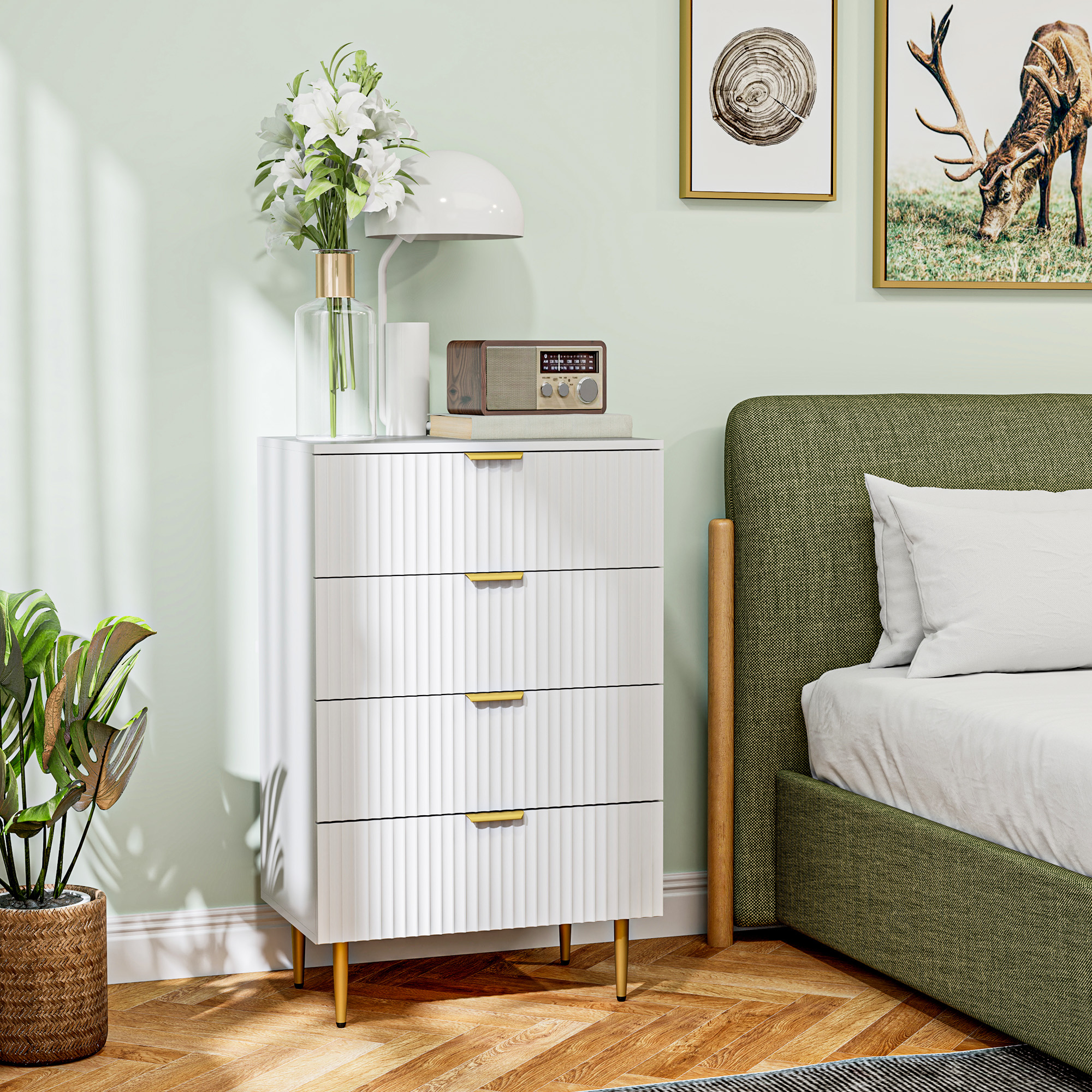 Homcom Cassettiera 4 Cassetti Moderna con Maniglie Dorate, 60x40x96 cm, Bianco