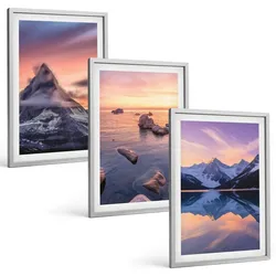 BILDER SET 3er Set - 40x60 cm Silberner Rahmen - Berglandschaft, See, Westen