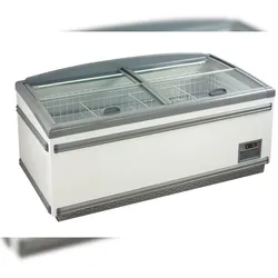 KLIMAITALIA Statische Insel mit geneigtem, flachem Glas. Vertikale Öffnung. LED-Beleuchtung. Automatisches Auftauen. Temperatur -18°C/-21°C. IGLOO18