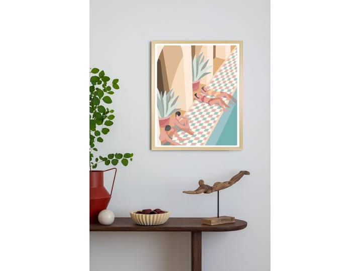 Bild mit Rahmen QUEENCE Mit Freunden am Pool , bunt (farbe rahmen: braun), B:40cm H:50cm T:2,5cm, Holz, Papier, Plexiglas, Bilder, Bild mit Rahmen, Kunstdruck in Pastell mit einem Echtholzrahmen
