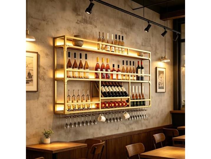 Rvtjy Weinregal Wandmontiert mit Weinglashalter，Gold：120CM Wandmontage, Weinglasregal, Platzsparend, Flaschenregal, Für die Wand