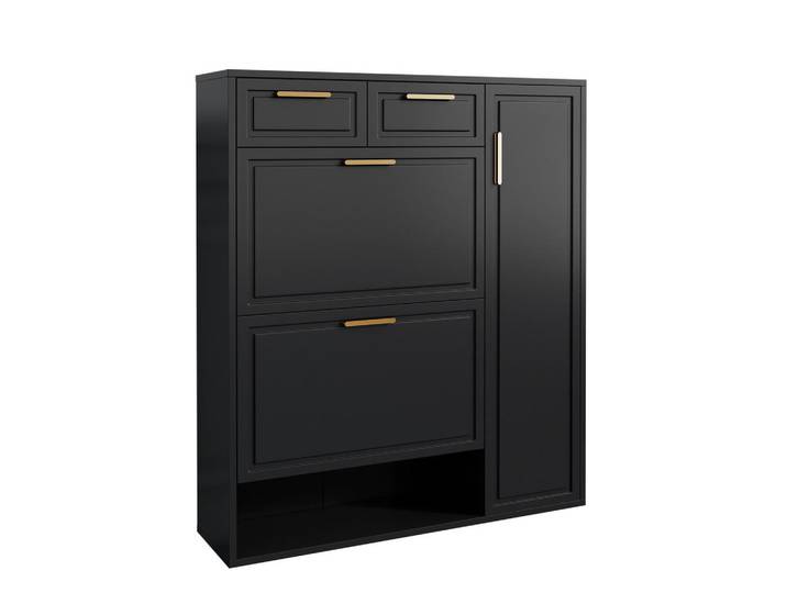 Modfu Schuhschrank aus Spanplatte & MDF 95x24x107.5cm in Schwarz mit Schubladen, 95x107.5x24 cm, Garderobe, Schuhaufbewahrung, Schuhschränke